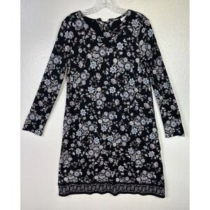 J Jill Womens Shift Dress Sz S‎ Stretch Black Floral Long sleeve Drawstring
